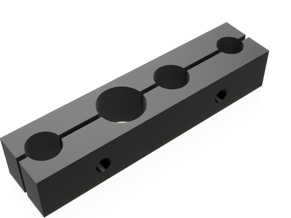 Soft jaws for Craftsman Pro 4.5" vise (951888), bike thru-axle holder: four half-round grooves on the seam for 12, 14, 15 and 20 mm axles